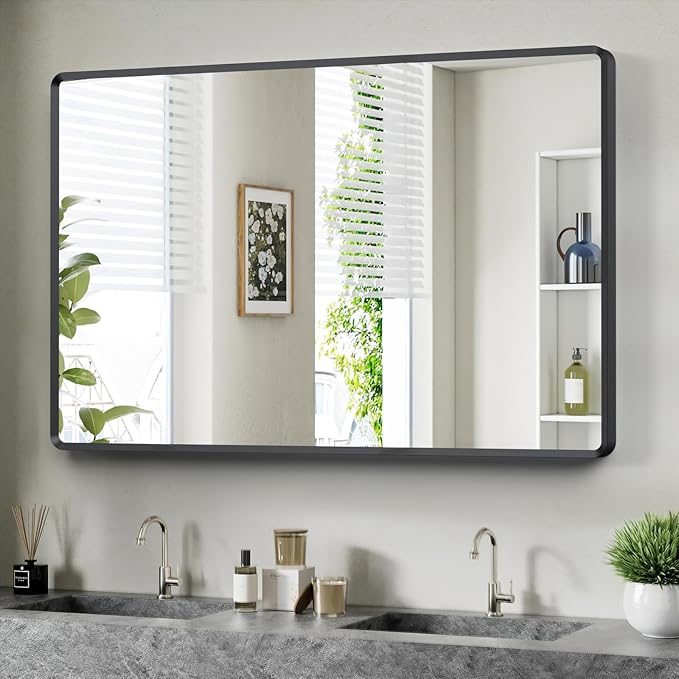 55x30 inch Black Bathroom Vanity Mirror, Large Rectangle Metal Aluminum Frame, Shatter-Proof, Horizontal or Vertical Hanging, Modern Bathroom Decor