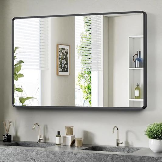 55x30 inch Black Bathroom Vanity Mirror, Large Rectangle Metal Aluminum Frame, Shatter-Proof, Horizontal or Vertical Hanging, Modern Bathroom Decor