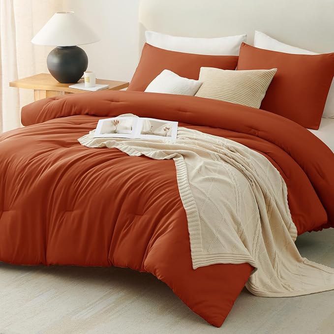 CozyLux Twin Comforter Set College Dorm Essentials, 2 Pieces Burnt Orange Twin Extra Long Solid Bedding Sets, Terracotta Bed Set with Down Alternative Comforter and 1 Pillowcase, Back to School Gift