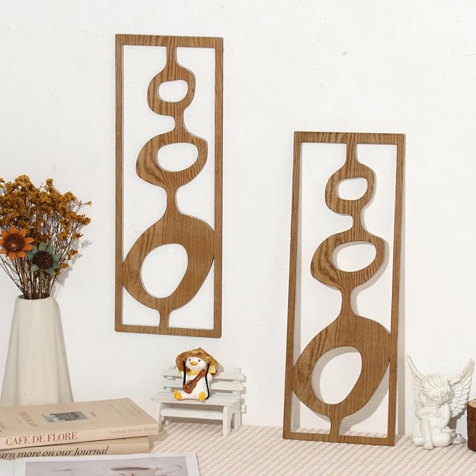 Zzbakress 2 Pcs Mid Century Wall Decor Wooden Mid Century Modern Decor Modern Art Wall Decor Abstract Wall Decoration Geometric Wall Art for Home Living Room Bedroom (Style T)