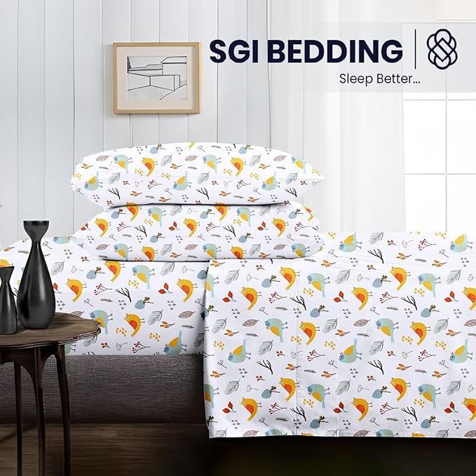 SGI bedding 100% Egyptian Cotton Sheets Twin XL Size – 600 Thread Count Sheets Set, Soft, Cooling, 15" Deep Pocket, Luxury Hotel Bedding, Breathable, Durable -Spring Bird