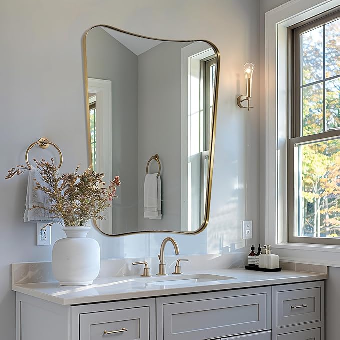 MIRRORTART Contemporary Gold Bathroom Mirrors, 22x30'' Brass Asymmetrical Scalloped Butterfly Rectangle Mirror in 1'' Stainless Steel Metal Frame for Home Decor Wall Mounted Vertical Only