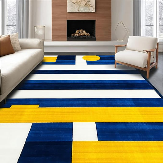 Flatwoven High Traffic Area Rug 4x6, Contemporary Striped Rug Clean Lines & Bold Hues, Non Slip, Stain Resistant, Washable Area Rugs for Living Room, Bedroom (Blue, 4x6)