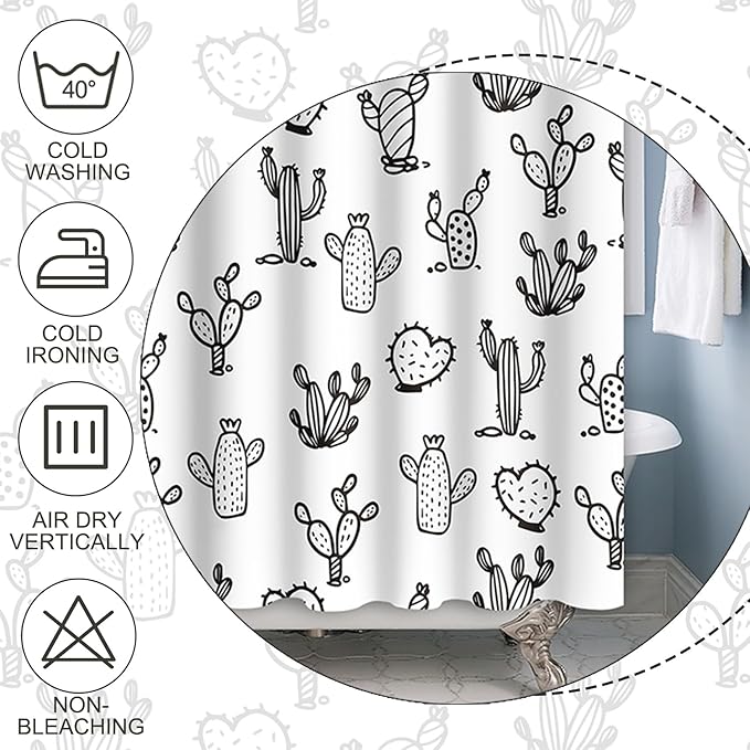 Baocicoo Cartoon Cactus Shower Curtain Tropical Plants Mexican Texas Minimalism Black and White Decorative Artistical Shower Curtains for Home Bathtubs Bath Waterproof Fabric with Hooks 48x72 Inches