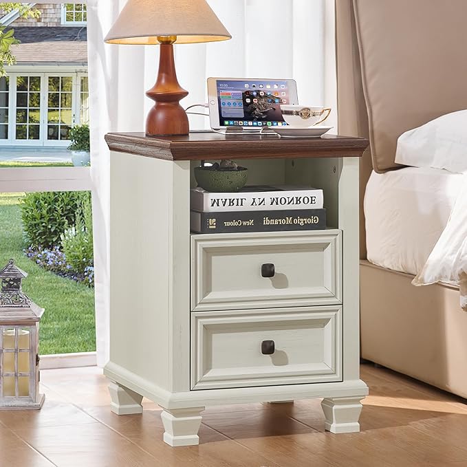 Farmhouse Side Table with Charging Station, Antique Nightstands with Drawers, Bedside Table with Open Shelf for Bedroom, White