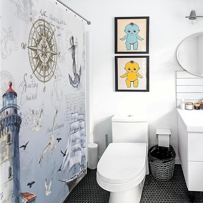 Nautical Shower Curtain,Coastal Lighthouse Compass Anchor Sailboat Bathroom Decor Fabric Waterproof Bathroom Curtain with Hooks,72x84Inch