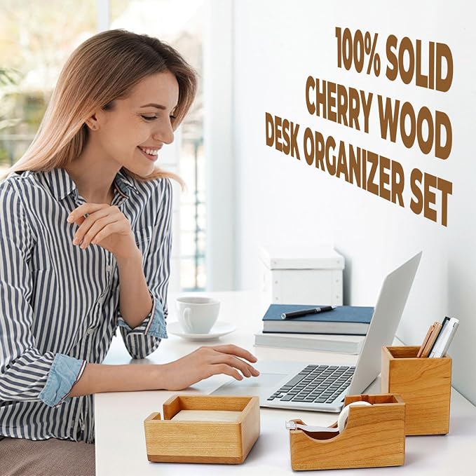 MultiBey Solid Cherry Wood Desk Organizer Set, Wood Tape Dispenser with Refill Rolls, Wooden Pen Holder, Wood Post It Note Holder for Office & Home Desk Supplies (3-Piece Set)