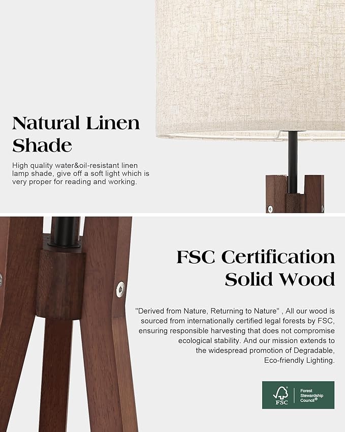 ELYONA Wood Tripod Floor Lamp, Mid Century Reading Standing Lamp with 3 Color Temperatures & Linen Shade, Modern Night Light for Bedroom, Farmhouse, Living Room, Office, 9W LED Bulb Included, Brown
