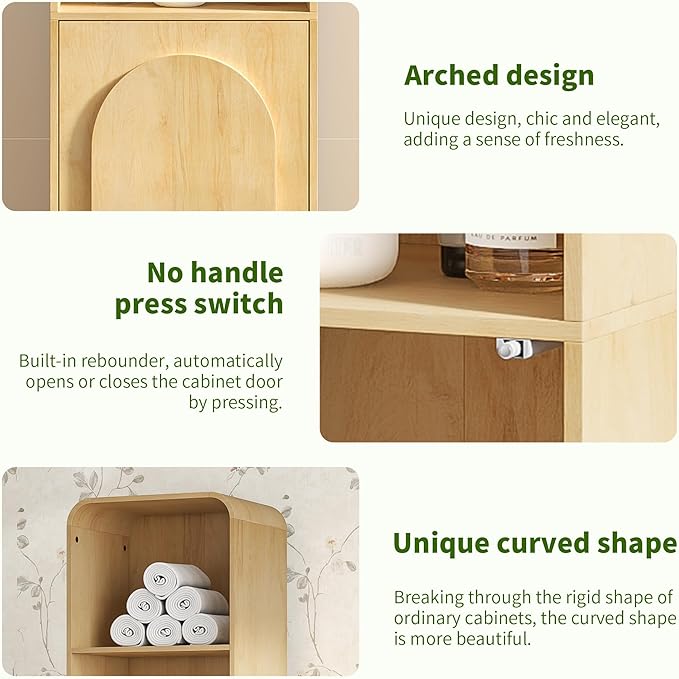 Slim Bathroom Storage Cabinet with Arched Door, Tall Narrow Cabinet with 5 Tier Adjustable Shelves, Mid Century Modern Floor Cabinet for Living Room, Kitchen, Wood, Thin