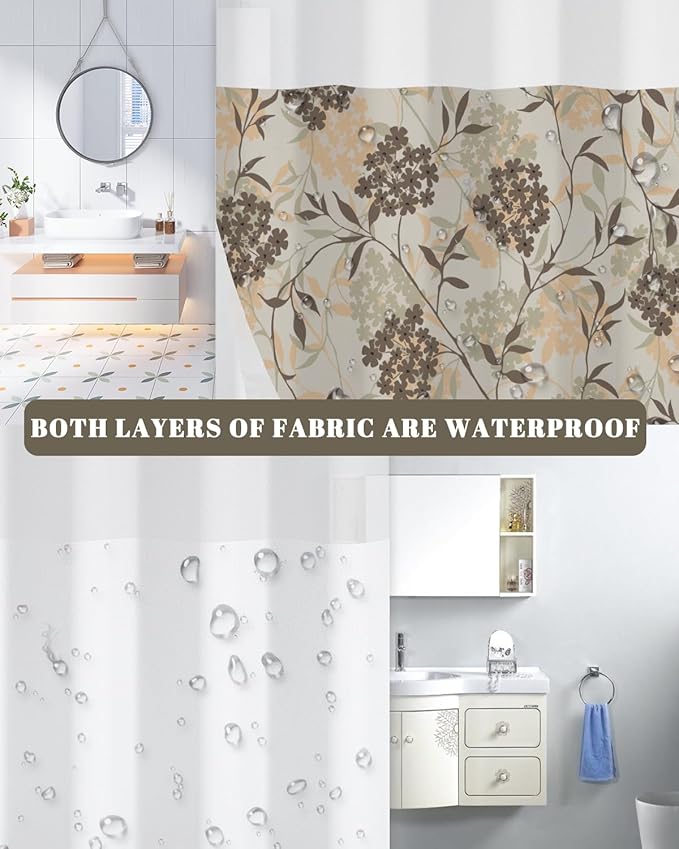 No Hook Shower Curtain with Snap in Liner Set - Neutral Botanical Floral Pattern Shower Curtains for Modern Farmhouse Bathroom, Waterproof Bath Tub Curtain with Mesh Top, 71Wx74H