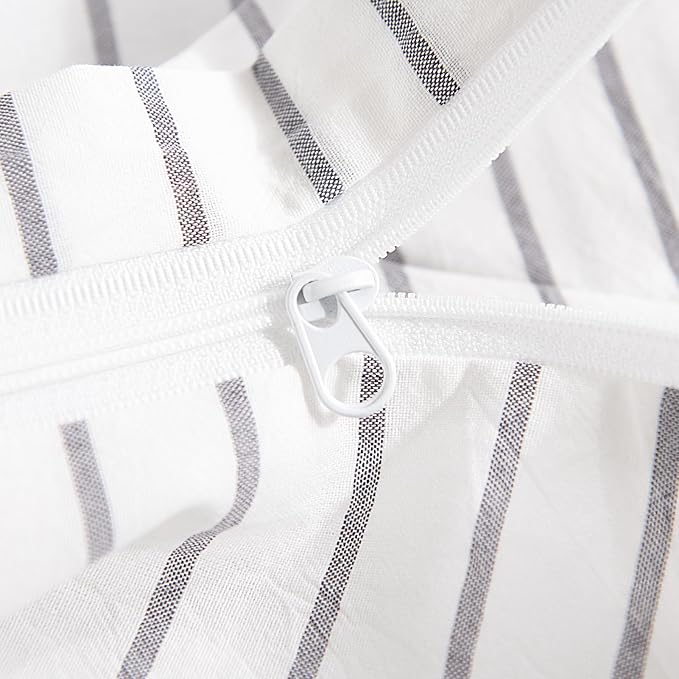 NEXHOME PRO Striped Duvet Cover King Size,100% Washed Cotton Bedding Set,Textured Linen Feel,Breathable,Organic,3 Piece(Grey Stripes 104x90)