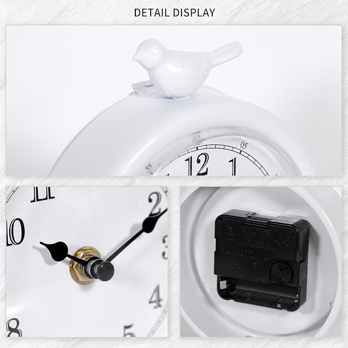 Mantel Clock, Classic Vintage Clocks and Decorative Shelf Decor, Silent Analog Desk Clocks with Light Vintage Metal Table Clock for Living Room Shelf Bedside Home Decor (White)