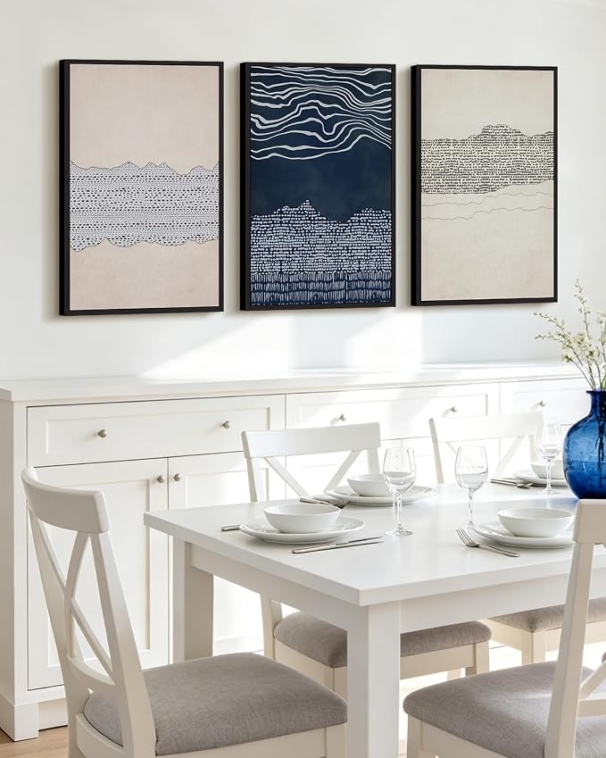 KUVIOKE Navy Blue Abstract Framed Wall Art Modern Neutral Minimalist Wooden Pastel Boho Wall Decor Farmhouse Rustic Art Painting Home Decor 16x24in (Black Framed)