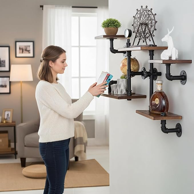 Industrial Rustic Modern Wood Ladder Pipe Wall Mounted Floating Shelves - Set of 3 Bookshelf,DIY Storage Shelving,Hung Bracket,Bookcase (Set of 3 Ladder Shelves)