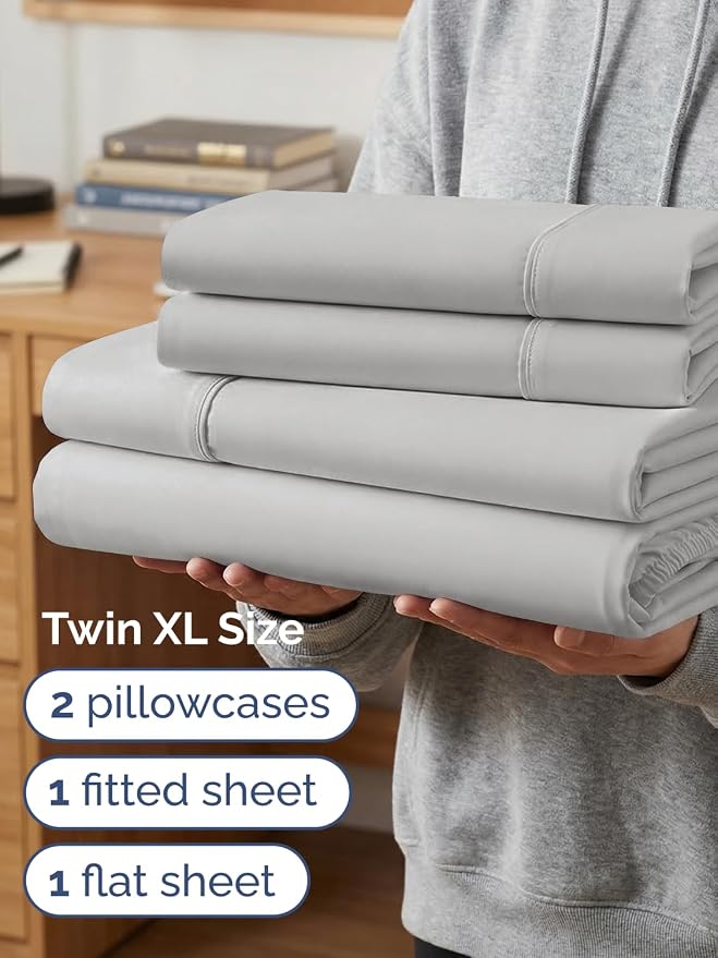 Extra Deep Twin XL Sheet Set - 4 Piece College Dorm Bed Sheets Set w/Extra Deep Pockets - Ultra-Soft, Comfy & Breathable Bedding for Women, Men, Kids & Teens - Wrinkle & Fade Resistant - French Grey