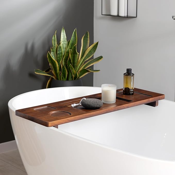 Teak Bathtub Tray Caddy - 29" Wide Adjustable Bathtub Table for Freestanding Tubs, Non-Slip Design with Phone/Wine Holder, Brown Bath Spa Essentials