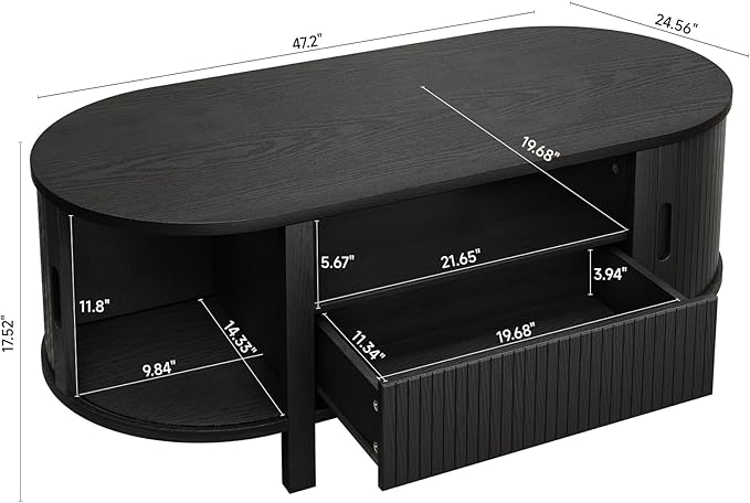 ONBRILL 47.2 Inch Oval Coffee Table with Storage, Mid Century Modern Coffee Table with Drawer, Center Table with Sliding Door and Wood Fluted Handle for Living Room, Black