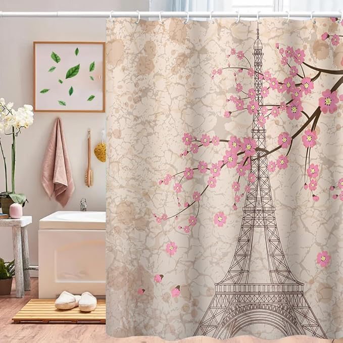 Paris Eiffel Tower Shower Curtain Pink Cherry Blossom Vintage Romantic France Scenery Shower Curtains Bathroom Accessories Waterproof Polyester Fabric with Hooks, 72 x 84 Inch