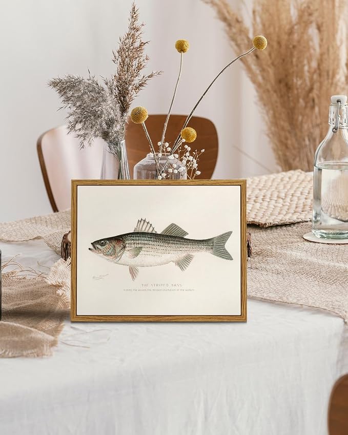 InSimSea Vintage Framed Wall Art for Living Room, Striped bass Canvas Decor, Minimalism Artwork Prints, Animals Oil Painting Wall Decor Gallery Picture, for Bathroom Bedroom Kitchen 10L x 8W