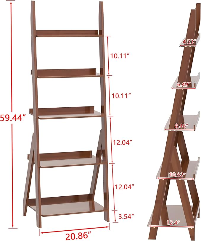 DOUSY-5-Tier Ladder Shelf Bookcase, Bamboo Ladder Bookshelf Leaning Book Shelf, Freestanding Storage Shelf Boho for Living Room, Home Office, Bedroom, Balcony, Dark Walnut