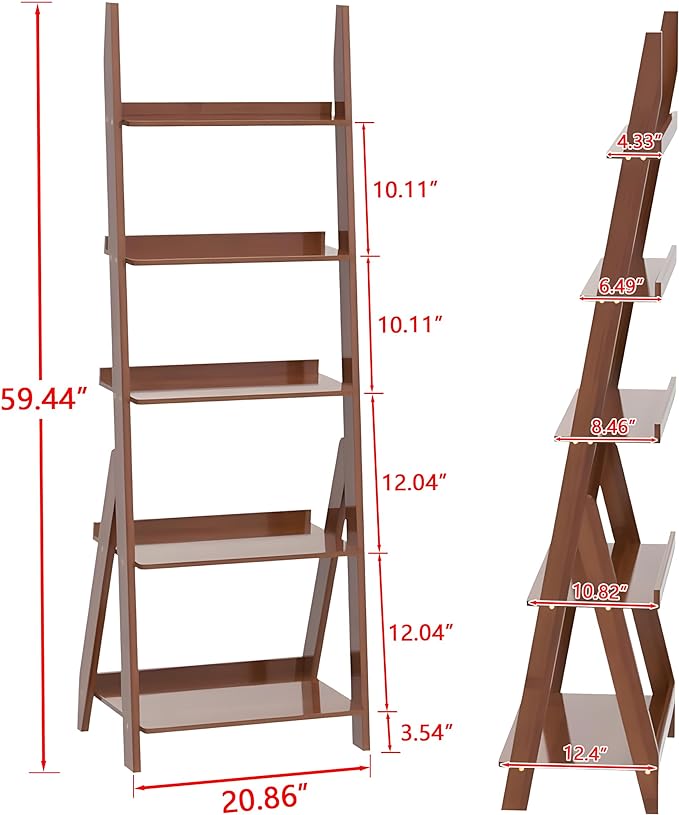 Maydear Bamboo Ladder Shelf Bookcase, 5-Tier Leaning Bookshelf Free Standing Organizer Storage Shelves for Living Room, Bedroom, Kitchen, Home Office, Balcony, Dark Walnut