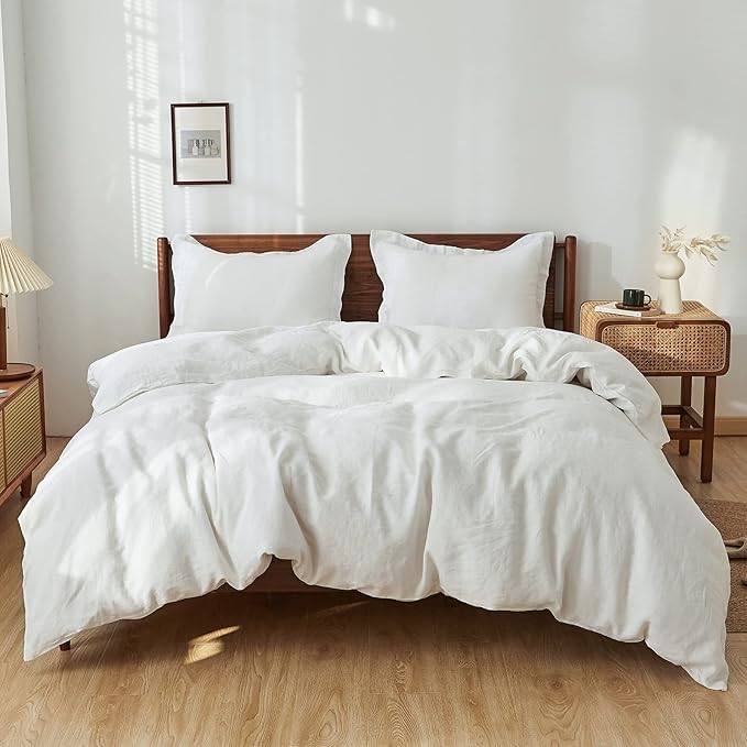Simple&Opulence 100% Linen Duvet Cover Set, 3 PCS Natural French Flax White Duvet Cover King Size, Breathable Soft Comfy Linen Bedding Comforter Cover with 2 Pillowcases(White, 104"x92")