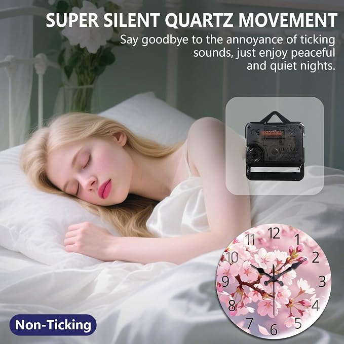 peacoblue Wall Clocks Battery Operated 12 Inch Cherry Blossom Glass Round Wall Clock Non Ticking for Kitchen Living Room Dining Room Bedroom and Bathroom Decor Accessories (Battery not Included)