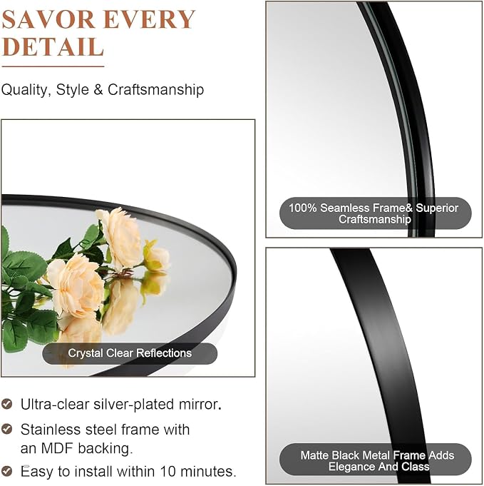 ANDY STAR Round Black Mirror for Bathroom, 40" Large Bathroom Mirrors for Over Sink, Anti-Rust Modern Wall Mirror,1 Inch Deep Set Design, Heavy Duty, 4MM HD Glass, 9MM Thicker Backboard