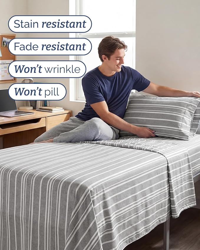 Twin XL Size 3 Piece Sheet Set - Comfy Breathable & Cooling Sheets - Hotel Luxury Bed Sheets for Women & Men - Deep Pockets, Easy-Fit, Soft & Wrinkle Free Sheets - Grey Stripes Oeko-Tex Bed Sheet Set