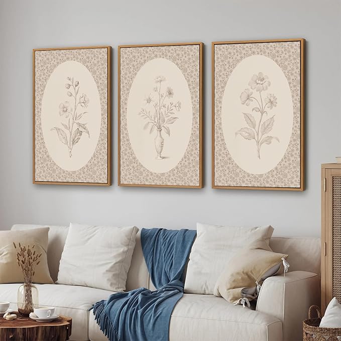 Rantodecor Vintage Flower Framed Canvas Wall Art Triptych, Rustic Floral Wall Decor, Retro Sketch Botanical Art Paintings, Antique French Cottage Artwork for Girls Bedroom Living Room Bathroom 16"x24"