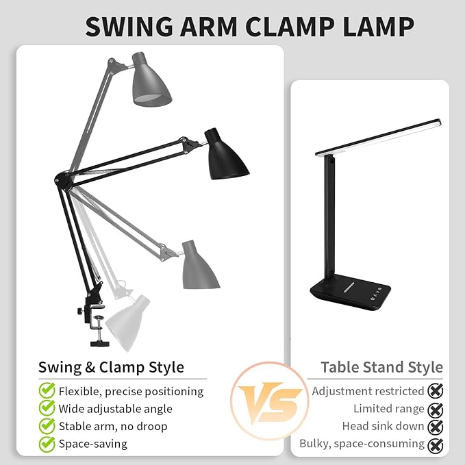 Metal LED Desk Lamp for Home Office, 32" Swing Arm Architect Desk Lamp with Clamp, 5 Color Modes 10 Brightness Task Lamps, Adjustable Gooseneck Clip-on Table Light for Reading Home Work Study, Black