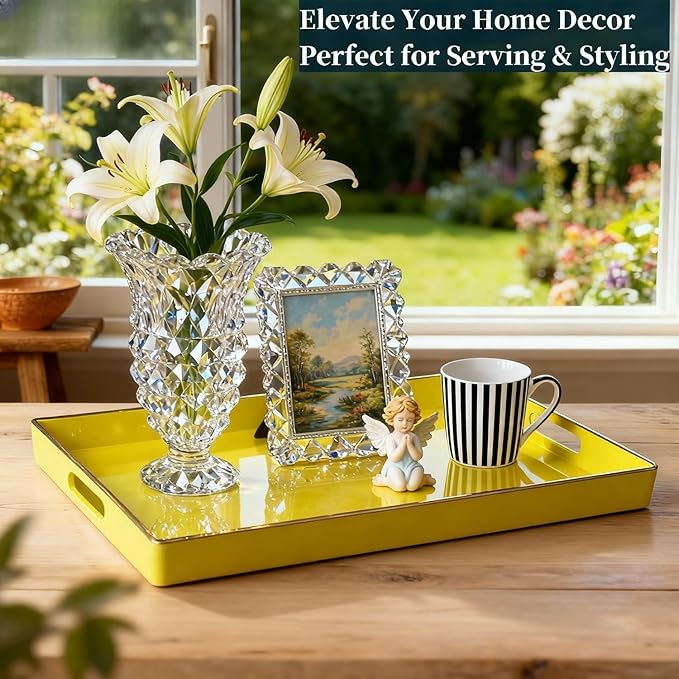 Decorative Plastic Serving Tray with Handles, Modern Vanity Organizer for Bathroom, Kitchen, Ottoman and Coffee Table (Yellow, Rectangular)