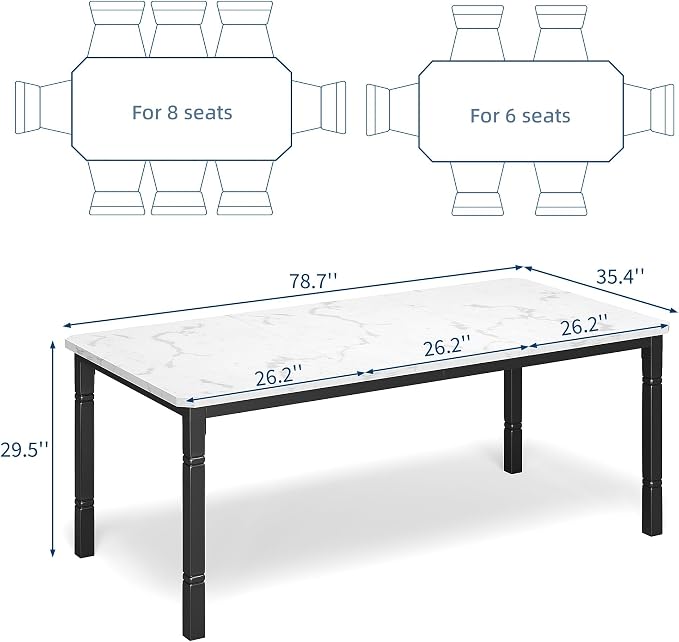 IDEALHOUSE 79" Dining Table for 6-8 People, Modern Rectangular Kitchen Table with Sturdy Metal Legs, Large Wood Farmhouse Dining Room Table for Home Office, Conference, Black & Marble White