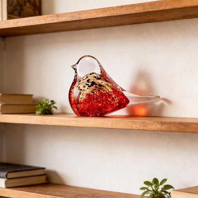 Blown Glass Birds - Glass Art Bird Decor, Hand Blown Glass Animal Figurines Paperweight for Home Shelf Decor