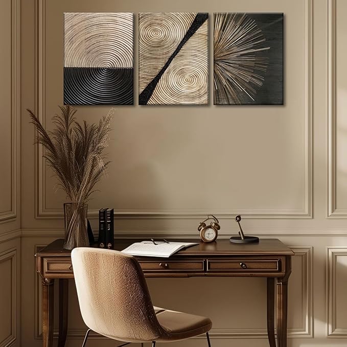 3Pcs Retro Wood grain Abstract Canvas Wall Art Minimalist Black Golden Line Texture Wall Decor Pictures Neutral Geometric Beige Brown Poster Prints for Living Room Bedroom Home Decoration 16x24in