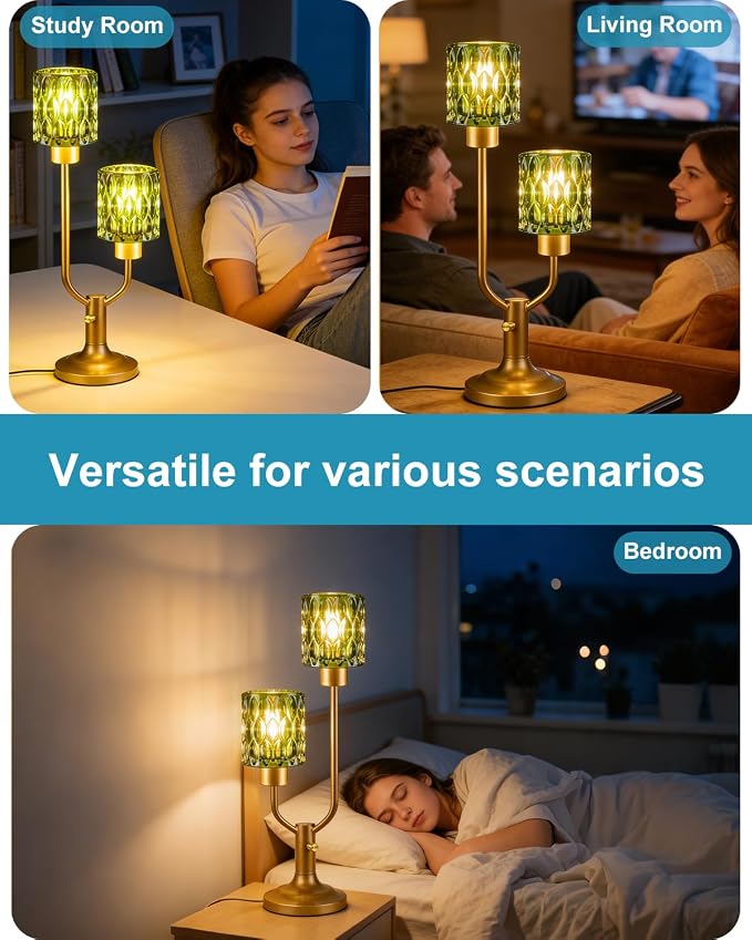 Lightdot Mid Century Modern Green Table Lamp for Bedroom Dimmable Nightstand Lamp Vintage Glass Gold Desk Lamp 2 Bulbs Included Warmwhite Ambient Bedside Lamps for Living Room Home Office Decor Gift