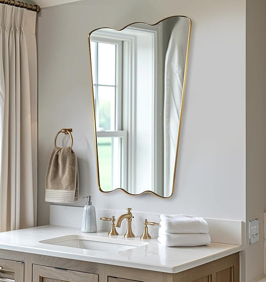 ANDY STAR 24x36 Inch Brushed Gold Scalloped Mirror, Antique Brass Irregular Bathroom Mirror -Butterfly Shape Asymmetrical Mirror for Powder Room
