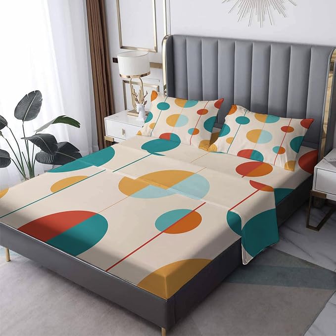 Mid Century Modern Sheets Full Size, Retro Circle Bed Sheet Set, Abstract Geometric Bedding Sheet Sets 4 Piece, Soft Microfiber Deep Pocket Fitted Sheet & Flat Sheet & 2 Pillowcases
