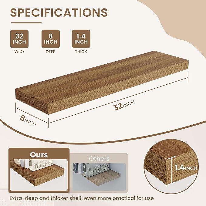 Dreamland 8" Deep Long Floating Shelves, 32 Inches Floating Shelves for Wall Set of 2, Large Display & Storage Shelf, Wall Shelf for Bathroom Bedroom Living Room Kitchen Office, Walnut