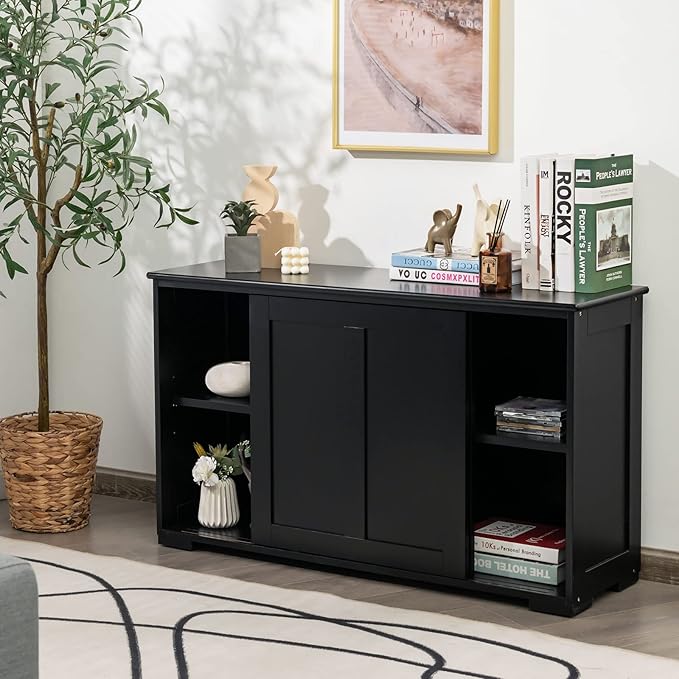 Sideboards Buffet Cabinet with Storage, Sliding Door Coffee Bar, Console Table with Adjustable Shelf, Credenzas for Living Room, Stackable Kitchen Cupboard for Dining Room (Black)