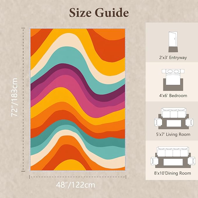Retro 70s Area Rug 4x6, Mid Century Modern Abstract Wavy Carpet, Colorful Rainbow Swirl Rug for Living Room Bedroom Office, Non-Slip Washable Indoor Floor Mat