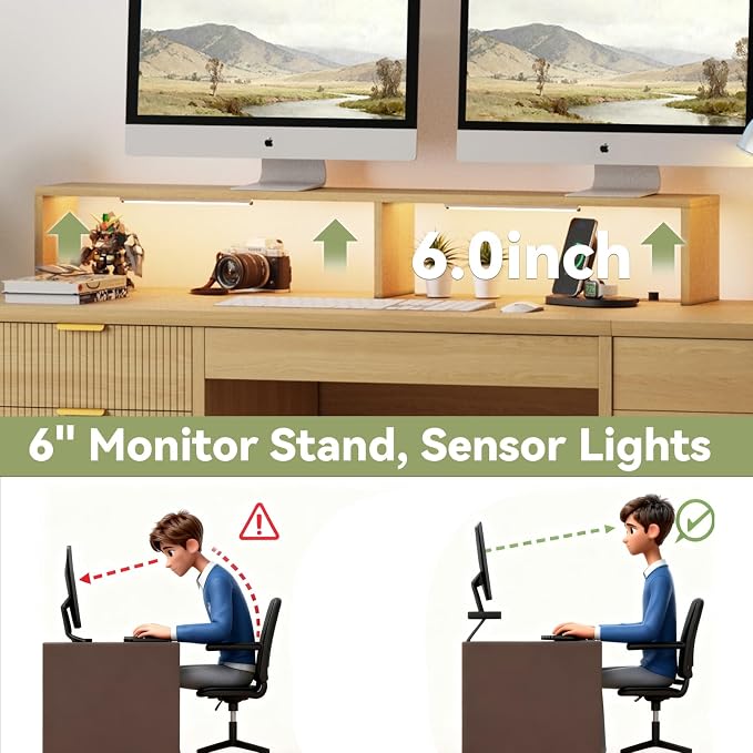 Fluted Desk with Drawers Filing Cabinet, 63" Home Office Executive Desk with Lift Top, Gaming Desk, Charging Station, Sensor Lights, Wood Computer Table with Monitor Stand, Natural Wood