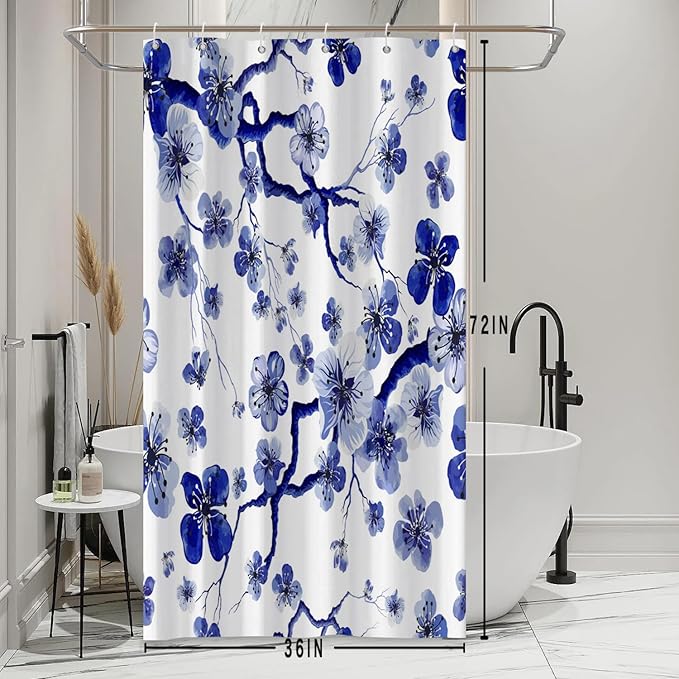Plum Blossom Shower Curtain Watercolor Blue Floral Modern Art Painting Shower Curtains for Stall Bathroom Accessories Waterproof Polyester Fabric with Hooks, 36 x 72 Inch