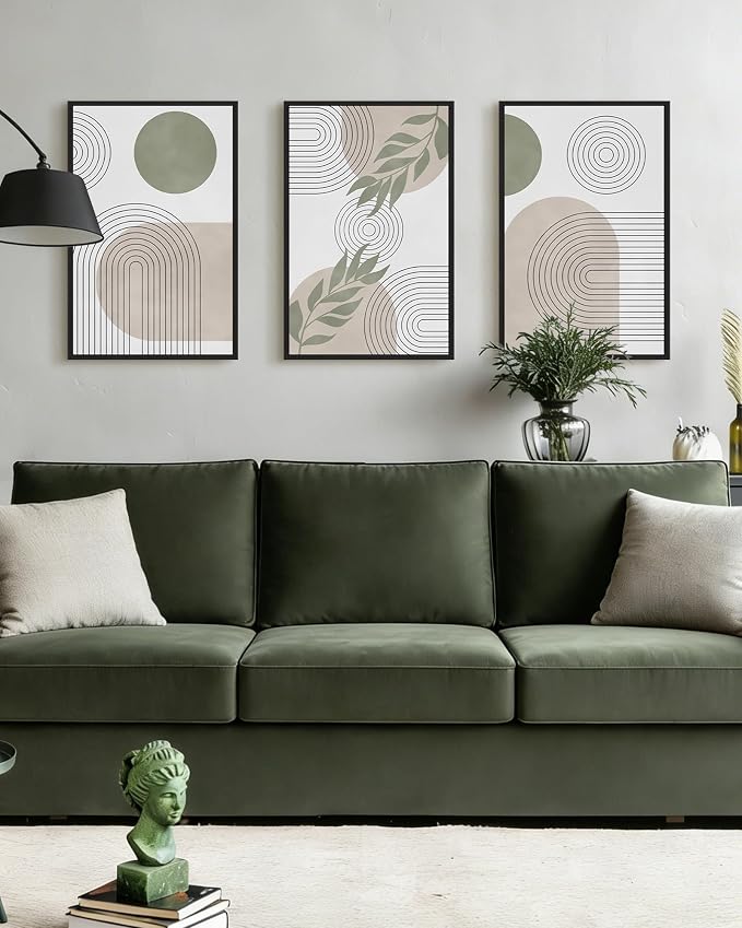 Drsoum Green Bohemian Wall Art Framed Boho Plant Sage Wall Decor Abstract Geometry Artwork Bedroom Home Office Living Room Prints Ready to Hang 16x24in Black Framed