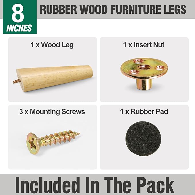 FoDau770 Rubber Wood Furniture Legs 8 Inches, 5/16" UNC Slant Tapered Wood Feet Mid Century Sofa Legs, Wooden Furniture Feet Replacement Parts for Cabinet Couch Dresser Chair Ottoman Table