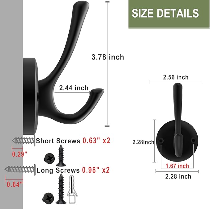 TOFIIGREM Black Towel Hooks, 2 Pack Coat Robe Hook Heavy Duty Metal Double Bathrobe Hook Wall Mounted, Hand Towels Hooks for Cubicle Bathroom Kitchen Closet Garage