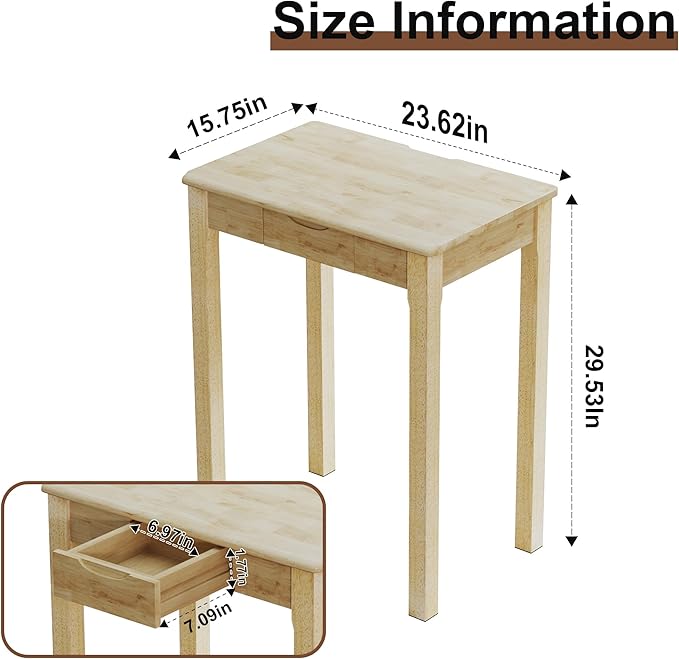 Solid Wood Desk with Drawers - 24 x 16 Inch Simple Narrow Desks, Rubber Wood Study Table, Small Writing Desk for Small Spaces|Bedroom - Natural Boho Desks