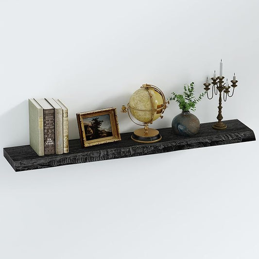 SAUMONIERES Live Edge Floating Shelves for Bedroom Living Room Wall Mounted Storage Long Natural Elm Wood Shelf Large Heavy Duty 8 Inch Deep, 48 inch Set of 1 Black Floating Shelf