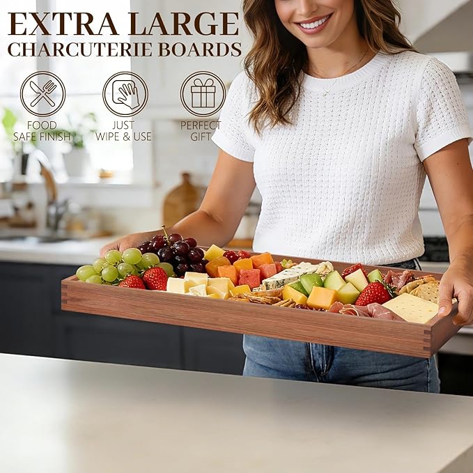 MAONAME Extra Large Cherry Wood Serving Tray with Handles, 32 x 18 inches Wooden Ottoman Tray, Long Serving Board for Party Breakfast Dinner, Classic Charcuterie Board for Meat, Cheese & Appetizers