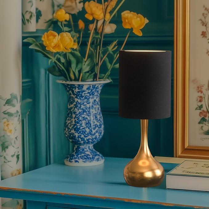 KUNJOULAM Modern Table Lamp, 17.3" Small Desk Light with Brass Metal Droplet Base, Black Cylinder Linen Drum Shade, Nightstand Lamp for Bedroom Living Room Nightstand Office